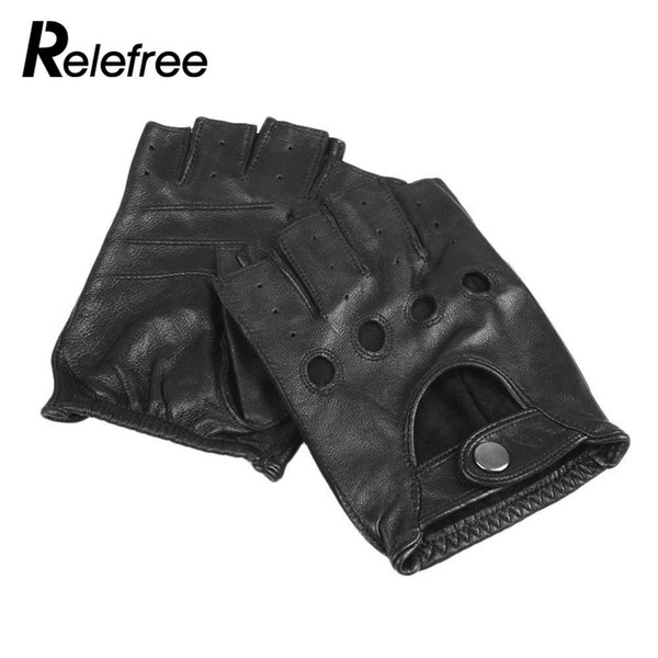 Relefree Mens Genuine Leather Fingerless Gloves Black and Brown Half Finger gym Workout Fitness Driving Male Gloves