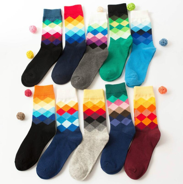 Winter Men's Socks Colorful Casual Cotton Happy Socks Gradient Business Diamond Plaid Knee High Long Socks Women