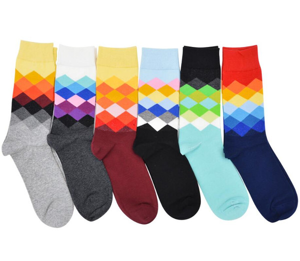 Men's Long Socks Colorful Casual Cotton Happy Socks Gradient Diamond Plaid Winter Knee High Socks Women