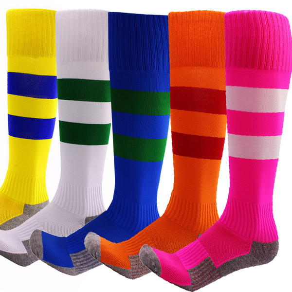 Hot Sale 2018 adult towel bottom football socks Striped knee stockings Child Men Kids Boys Soccer sock Absorbent sox non-slip movement