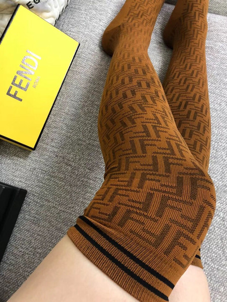 Over knee FF letter jacquard women stockings tide sexy ladies socks girls leggings black brown coffee with gifts box size free