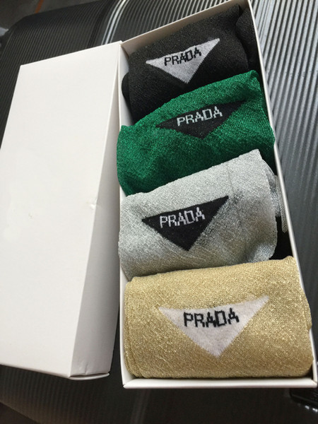 Triangle Logo silver thread Socks Fashion Brand Breathable Sports Casual Socks For Women girls Outdoor Athletic Stockings 4pairs/gift box