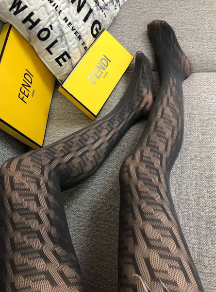 FF Letter Jacquard Women Tights Sexy Hollow Elastic Ladies Leggings Slim Fit Perspective Bottoms GG Socks Without Gifts Box