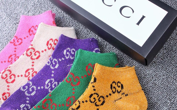 With Box Famous Letter Socks New Cotton Sock Slippers Summer Autumn Fitted Brand Design Invisible gold silk Boat Socks For Women and men 044