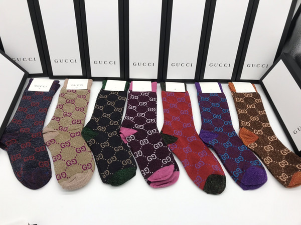 With Gift Box Brand Stockings Men Fashion Sock Shows Female and male unisex Socks gold silk G letter Colors Knitted Cotton Socks C02