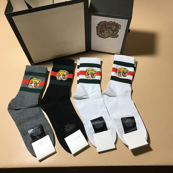 Fashion Men designer socks tiger head embroidered with original box striped jacquard unisex casual cotton sport socks 4pairs/box