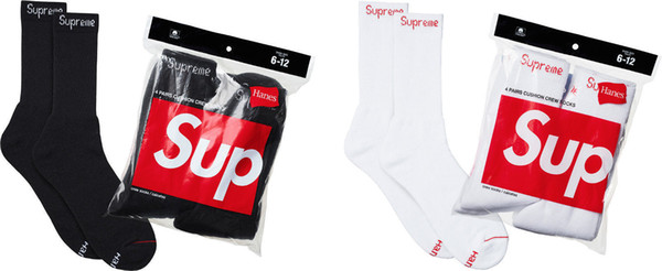 2 Pair Sup FW18 Hanes Crew Socks Black or White Box Logo Classic Mens Sock with box for Outdoor Sporting