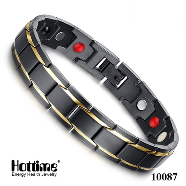 Hottime Luxury Fashion Health Energy Bracelet Bangle Men fitness 316L Stainless Steel Bio Magnetic Bracelets Black & Gold Plated Jewelry