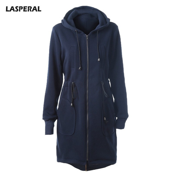 LASPERAL Long Hooded Sweatshirts Hoodies Women With Pockets Zipper Hoodies Jackets Feminine Solid Drawstring Outerwear Moletom