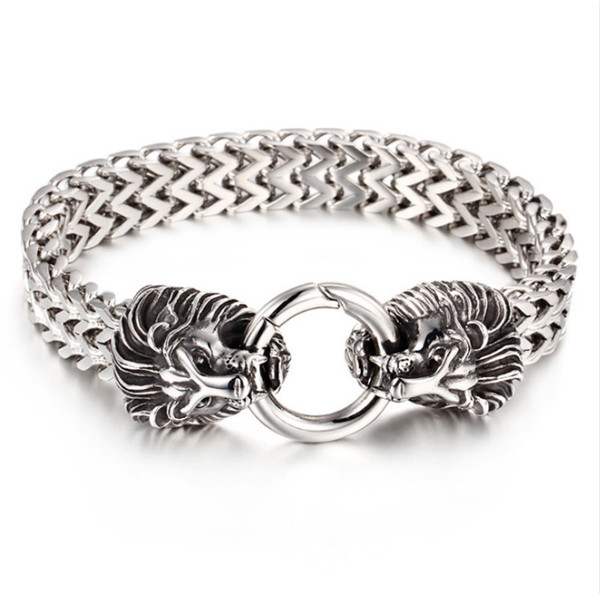 Outdoor Biker Mens Stainless Steel Lion Head Link Curb Chain Bracelet with Spring Ring Clasp 8.7 Inch