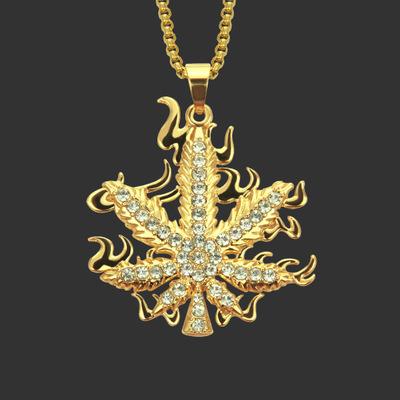 Flame Maple Leaf Diamond Pendant Hip Hop Street Dance Nightclub Necklace Cool Men and Women Accessories Fashion Necklace