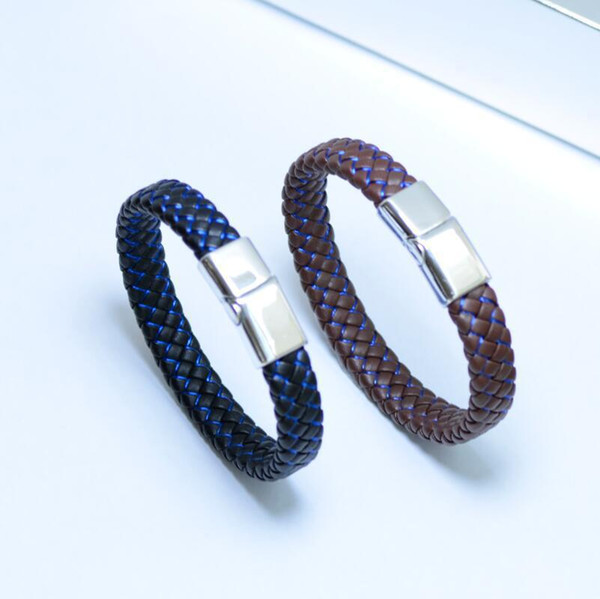 New fashion jewelry flat woven leather bracelet stainless steel magnet buckle leather bracelet manufacturers wholesale t128