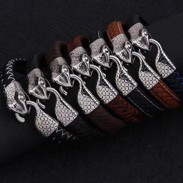 2018 new bracelet personality fashion stainless steel snake head bracelet leather woven men's bracelet cross-border supply