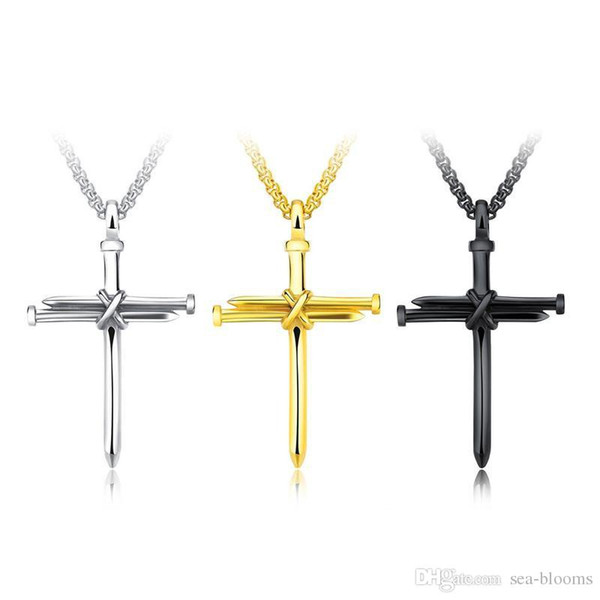 3 Colors Titanium Steel Casting Nail Cross Pendant Necklace Long Chain Punk Men's Trend Charm Religious Necklace Hip Hop Jewelry Gift G876F