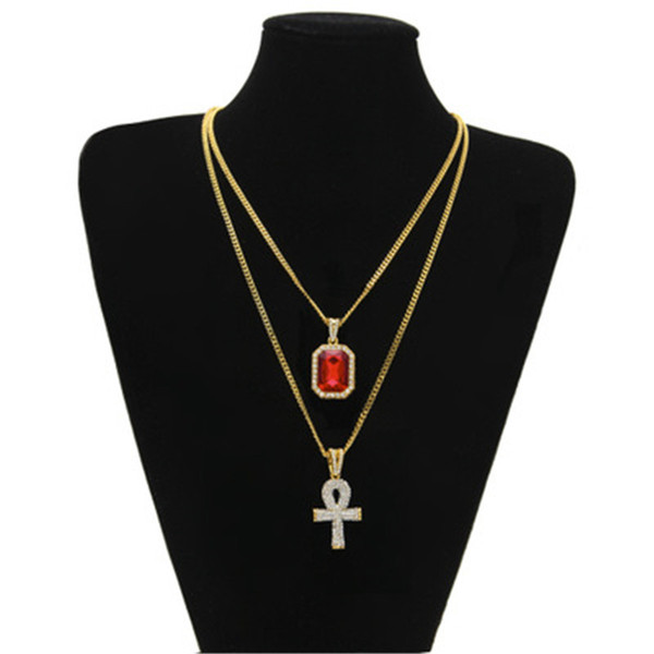 New Hip Hop Gemstone Pendant Necklace Luxury Diamond Key Mini Square Gemstone Necklace Set Brand Mens Accessories