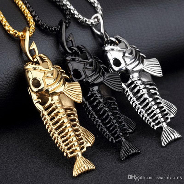 3 Colors Charms Fish Bone Fishing Hook Pendant Necklaces Shell Hard Titanium Steel Hollow Fish Skeleton Bone Necklace Fashion Jewelry G882F