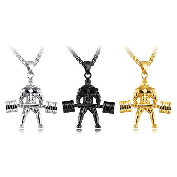 3 Colors Trend Personality Titanium Steel Hercules Weight Lifting Pendant Gold Korean Men Pendant Necklace Support FBA Drop Shipping G872F