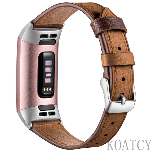 KOATCY Compatible for Fitbit Charge 3 Strap/Charge 3 SE Leather Strap, Genuine Leather Adjustable Replacement Wristband with Metal Connector