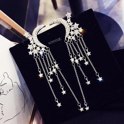 Silver Needle Star Moon Earrings Noble Fashion Temperament Ear Jewelry Simple Personality Wild Long Paragraph Pendant Earrings Female