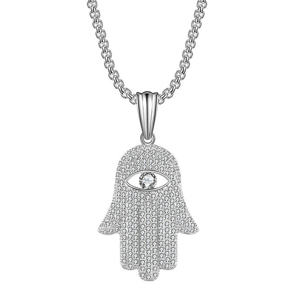 Luxury Copper Zircon Mens Necklace Fashion Personality Hamsa Hand Hip Hop Pendant Necklace Tide Brand Designer Hand Pattern Chain