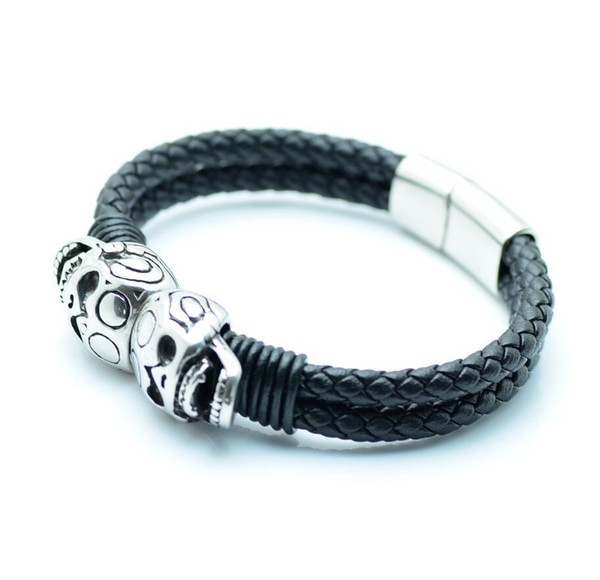 New Punk Woven Double Skull Scalp Bracelet Titanium Steel Men's Leather Bracelet Jewelry Factory Wholesale t115