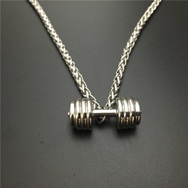 European and American fashion titanium steel sports fitness lovers pendant men's round dumbbells lever necklace men's collarbone chain.