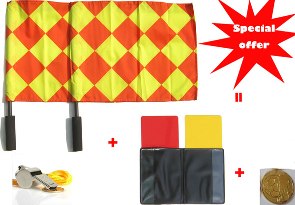 soccer referee Flag Football Referee linesman flag + champion pick edge finder coin+ red yellow card+ stainless referee whistle