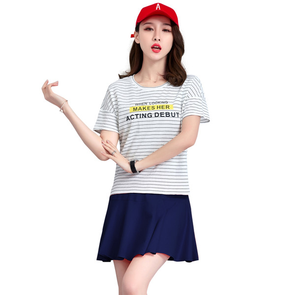 Short Sleeve High Low Striped Shirt Tennis Skirt XXL Two Piece Sport Clothes #8236 Cotton Teenage Girl Clothes Summer Badminton Sportswear