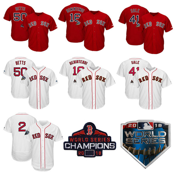 Custom Mens Jersey Boston 2018 World Series & World Series Champions Patch Red Sox Mookie Betts & Andrew Benintendi Baseball Jerseys