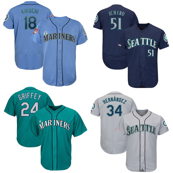 Custom Seattle Mens Jersey Mariners players Mitch Haniger & Yusei Kikuchi & Ken Griffey Jr & Ichiro Suzuki Baseball Jerseys