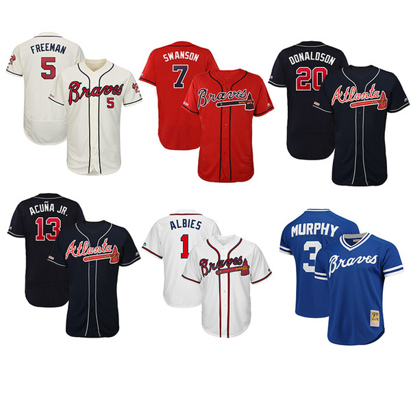 Mens Ronald Acuna Jr. Freddie Freeman Dansby Swanson Custom Braves Jersey Ozzie Albies John Smoltz 2019 Player Baseball Jersey