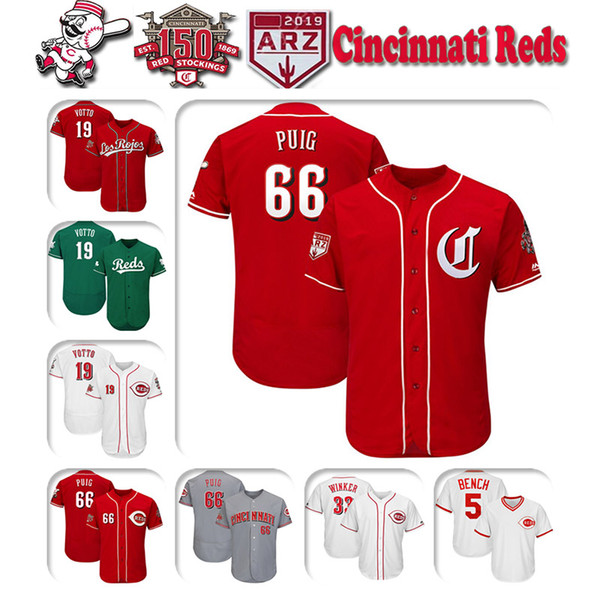 Custom Cincinnati Mens 2019 New Jersey 150th Anniversary patch Reds Joey Votto Yasiel Puig Jesse Winker Matt Kemp Baseball Jerseys