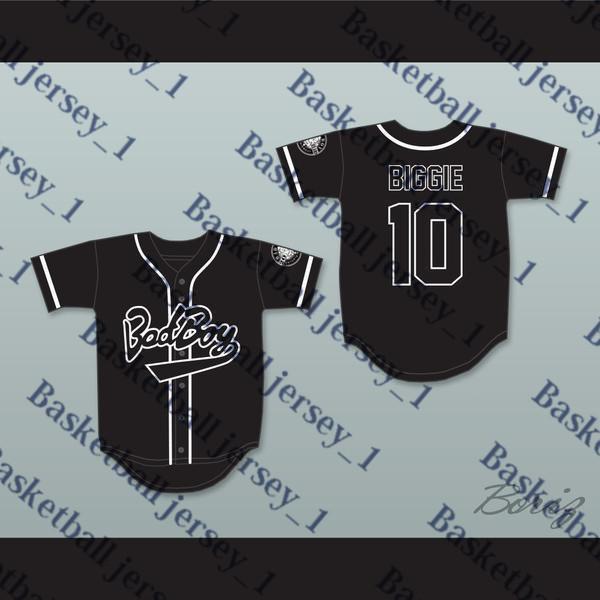 Biggie Smalls 10 Bad Boy Black Baseball Jersey with 20 Years Patch..