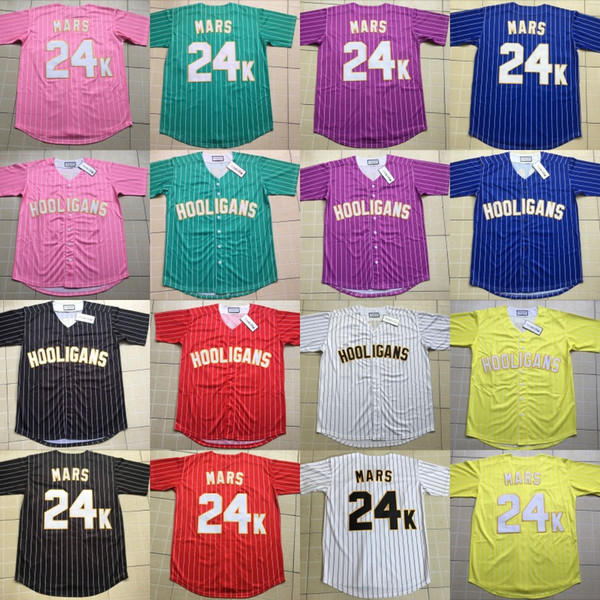 Bruno Mars 24K Hooligans Baseball Jersey Yellow Red Pink Purple Black White Blue Green Stripe All Stiched For Men Women Youth Free Shipping