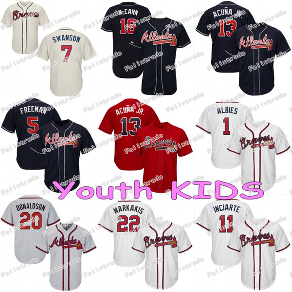 Youth KIDS Braves Jersey Ronald Acuna Jr Atlanta Freddie Freeman Ozzie Albies Josh Donaldson Dansby Swanson Nick Markakis Inciarte McCann