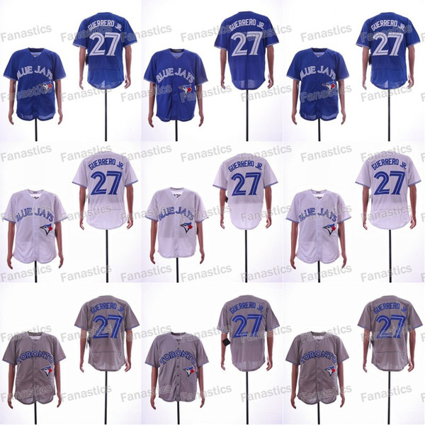 Mens Toronto Jerseys 27 Vladimir Guerrero Jr. White Blue Grey Double Stiched IN STOCK Baseball Jerseys