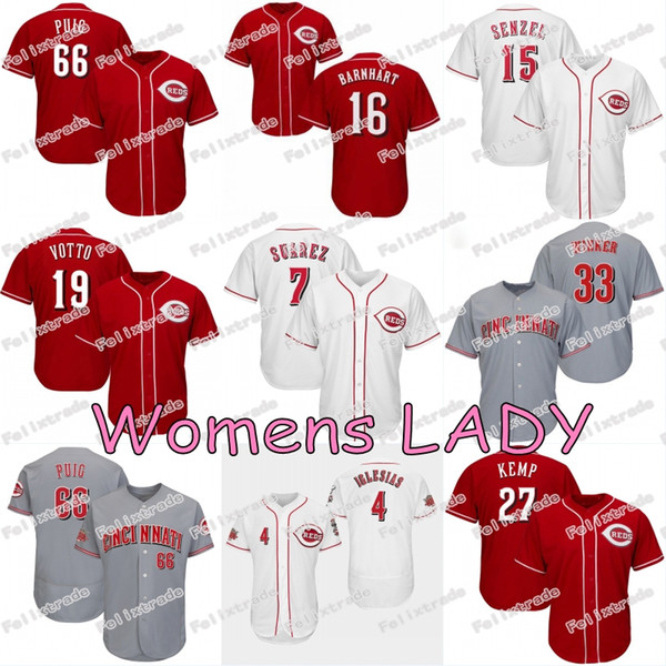 Womens LADY Reds Jersey Eugenio Suarez 66 Yasiel Puig Cincinnati Joey Votto Matt Kemp Jesse Winker Jose Iglesias Derek Dietrich Nick Senzel