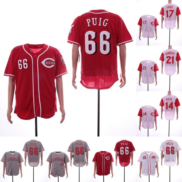 Cincinnati Jersey 66 Yasiel Puig 14 Rose 17 Sabo 21 Sanders Reds Baseball Jerseys IN STOCK High Quality