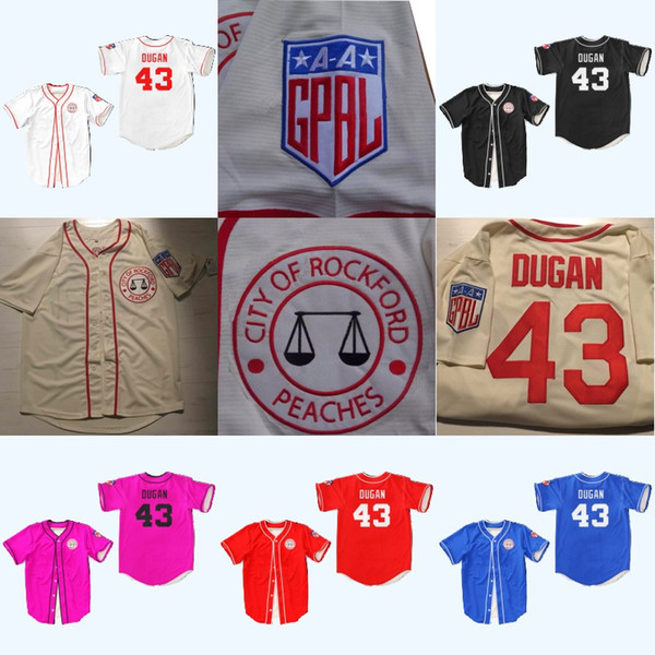 #43 Jimmy Dugan Rockford Peaches Tom Hanks All Stiched Baseball Jersey AAGPBL A League of Their Own Movie Costume For Men Women Youth