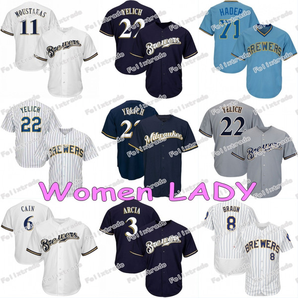 Women LADY Brewers Jersey Christian Yelich Milwaukee Lorenzo Cain Ryan Braun Travis Shaw Josh Hader Eric Thames Aguilar Yasmani Grandal