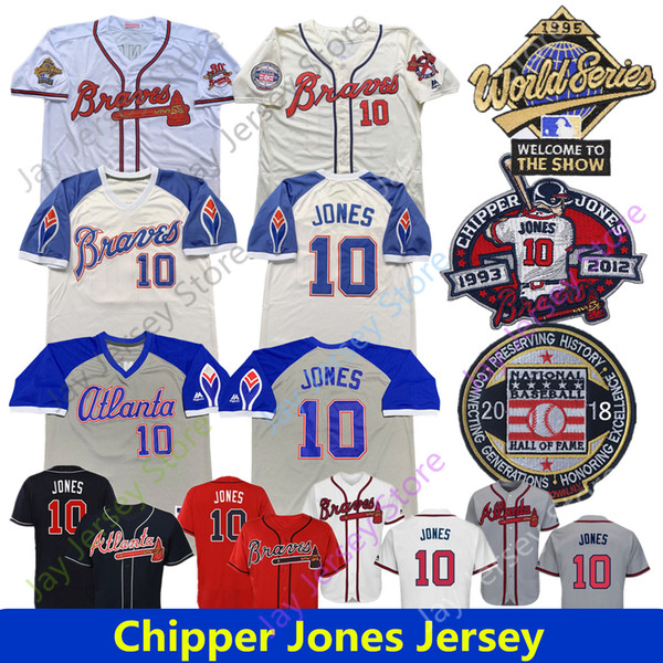 Chipper Jones Jersey 2018 Baseball Hall Of Fame Patch 1995 WS 1999 White Grey Pullover Blue Home Away All Sttiched