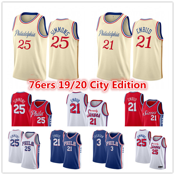 Joel 21 Embiid Ben 25 Simmons Philadelphia
76ers Sixers
Jersey Al Horford Allen 3 Iverson City Cream Edition Basketball Jerseys