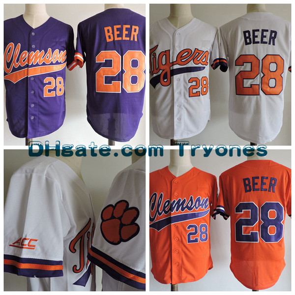 2017 NCAA Clemson Tigers baseball Jersey 28 Seth Beer College Jerseys Cool Base JERSEY Grey White Stitched Seth Beer Shirts