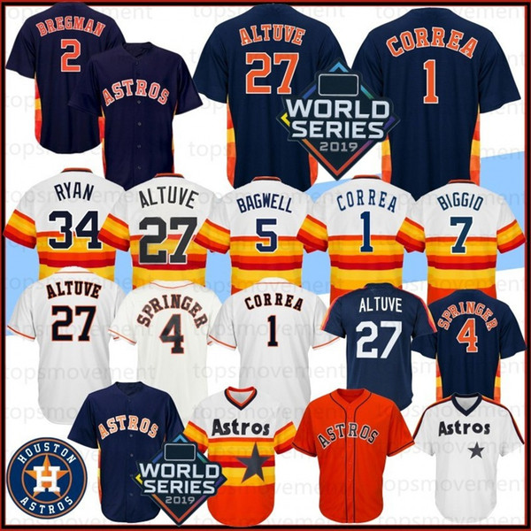 27 Jose Altuve Men Baseball Jerseys 2 Alex Bregman 1 Carlos Correa 34 Nolan Ryan 4 George Springer 45 Gerrit Cole M-XXXL