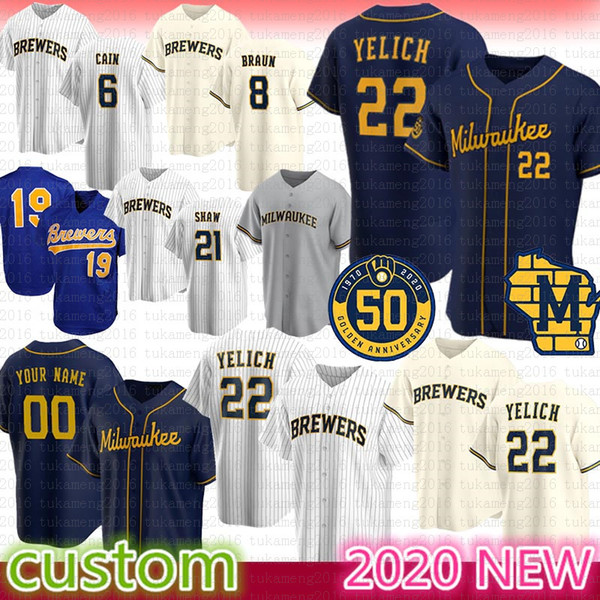 2020 New Season 50th Baseball Jersey 22 Christian Yelich Robin Yount Lorenzo Cain Ryan Braun Travis Shaw Keon Broxton Thames Hader Woodruff