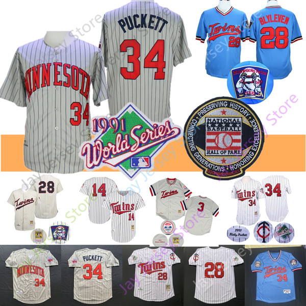 Kirby Puckett Jersey Harmon Killebrew Kent Hrbek Bert Blyleven 1991 WS Baseball Hall Of Fame Patch Grey Pinstripe White Blue