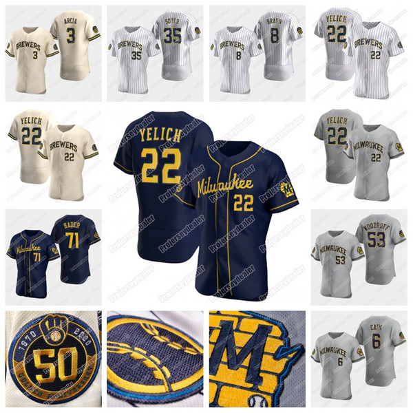 2020 50th Jersey Christian Yelich Woodruff Keston Hiura Lorenzo Cain Ryan Braun Brent Suter Yasmani Grandal Orlando Arcia Josh Hader