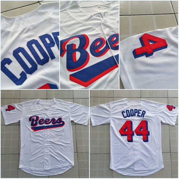 Joe Coop Cooper #44 BASEketball BEERS Movie Jersey Button Down White Baseball Jerseys High Quality Free Shipping