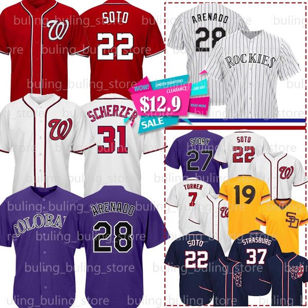 22 Juan Soto Jerseys 31 Max Scherzer 7 Trea Turner 37 Stephen Strasburg 13 Manny Machado 19 Tony Gwynn 28 Nolan Arenado Baseball