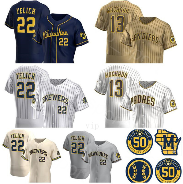 2020 New Brand 22 Christian Yelich Jersey 13 Manny Machado Jerseys Baseball Shirt Cream Navy Alternate Gray White Brown Home Stitched Men's